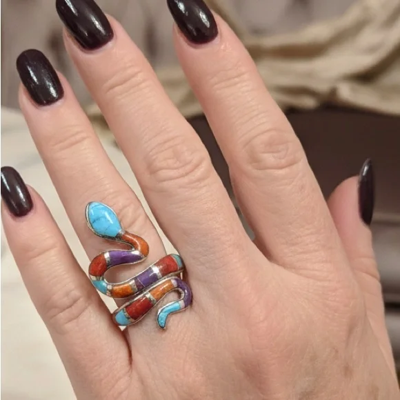 Native made Zuni Multicolor Turquoise Orange Purple Snake Ring - sterling silver - Picture 3 of 9